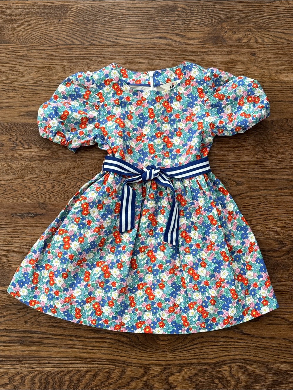 Mini Boden Girls Linen-Blend Floral Puff-Sleeve Party Dress